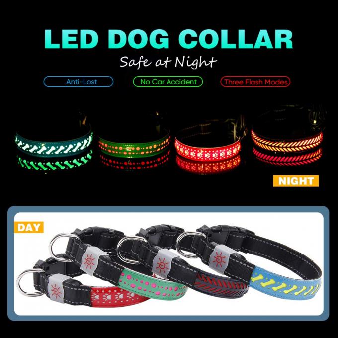 PU Leather Rechargeable Flashing Dog Collars Nylon bing For Medium