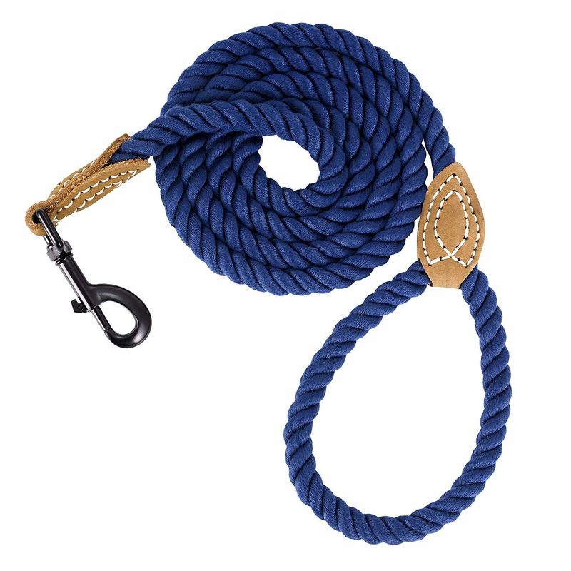 Braided Cotton Dog Leash With Leather Tailor Handle Heavy Duty Metal Sturdy Clasp
