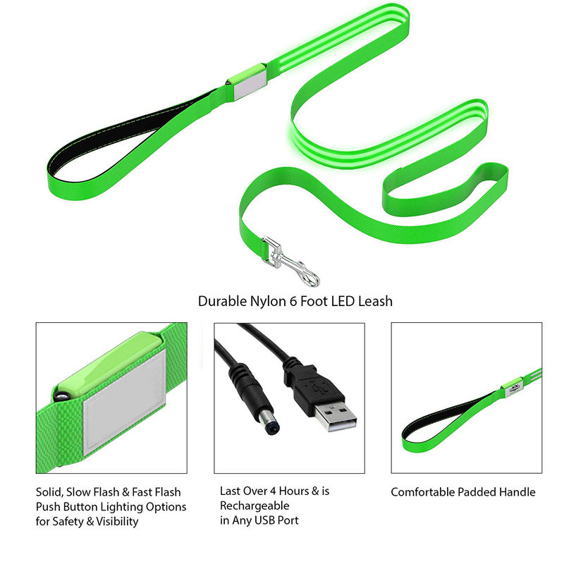 Durable Nylon LED Dog Leash 6 Foot Long Easily Rechargeable With Padded Handle Dog Lead