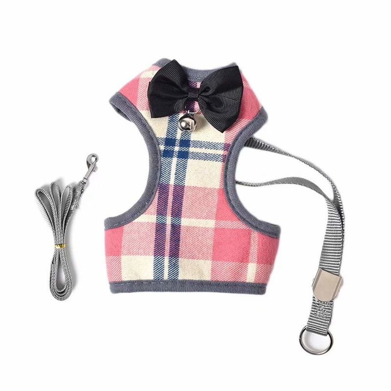 Bowtie Cat Dog Harness Vest British Style Plaid Hareness Breathable Mesh Padded